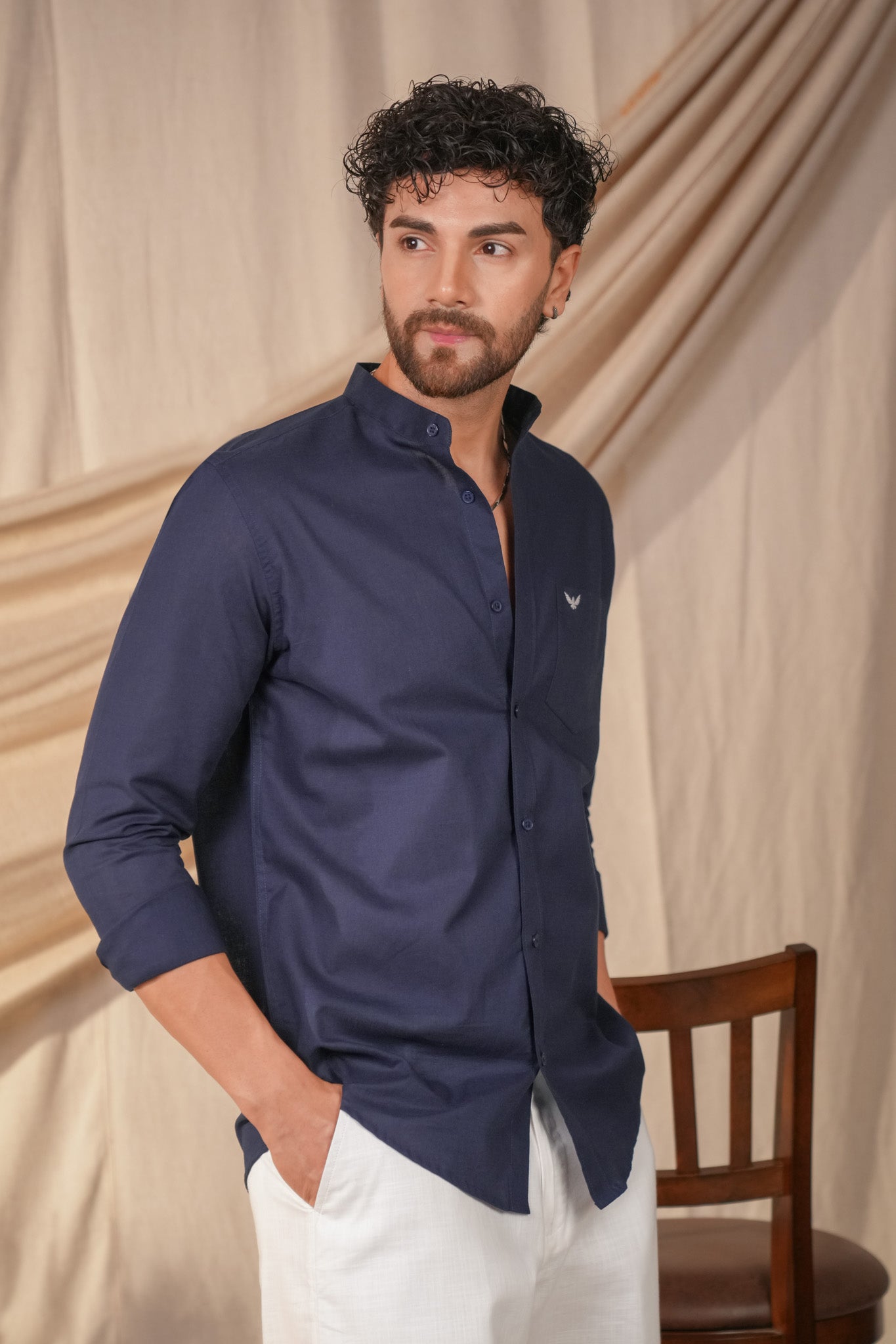 Navy blue Solid Pre-Washed Linen Cotton Slim Fit Shirt