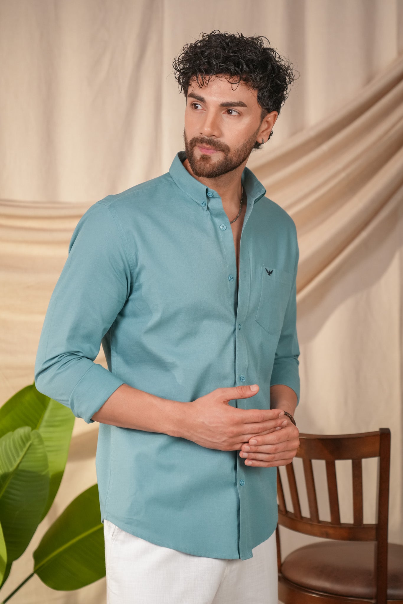 Turqoise Blue Solid Pre-Washed Linen Cotton Slim Fit Shirt