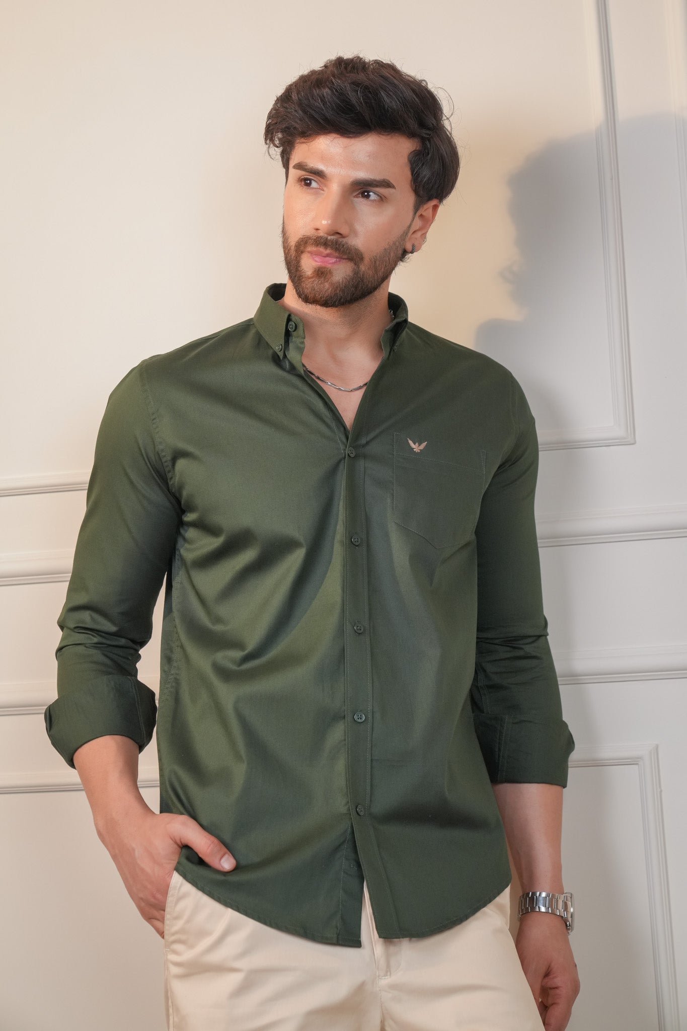 English Green Solid Cotton Twill  Slim Fit Shirt