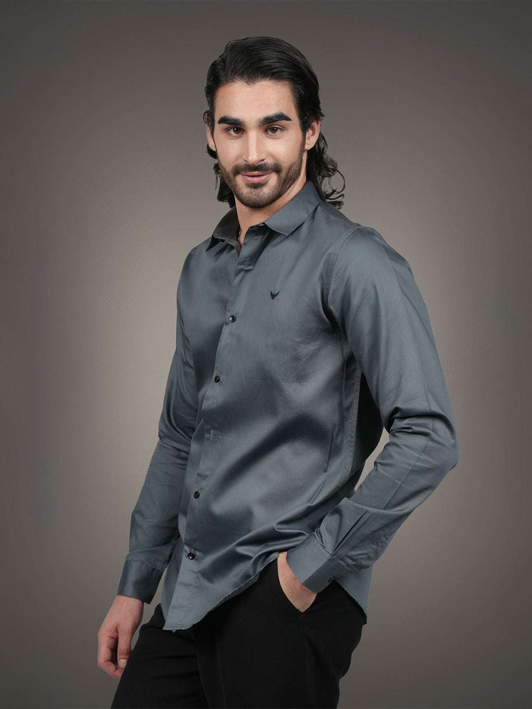 Dark Grey Solid Cotton Satin Slim Fit Shirt