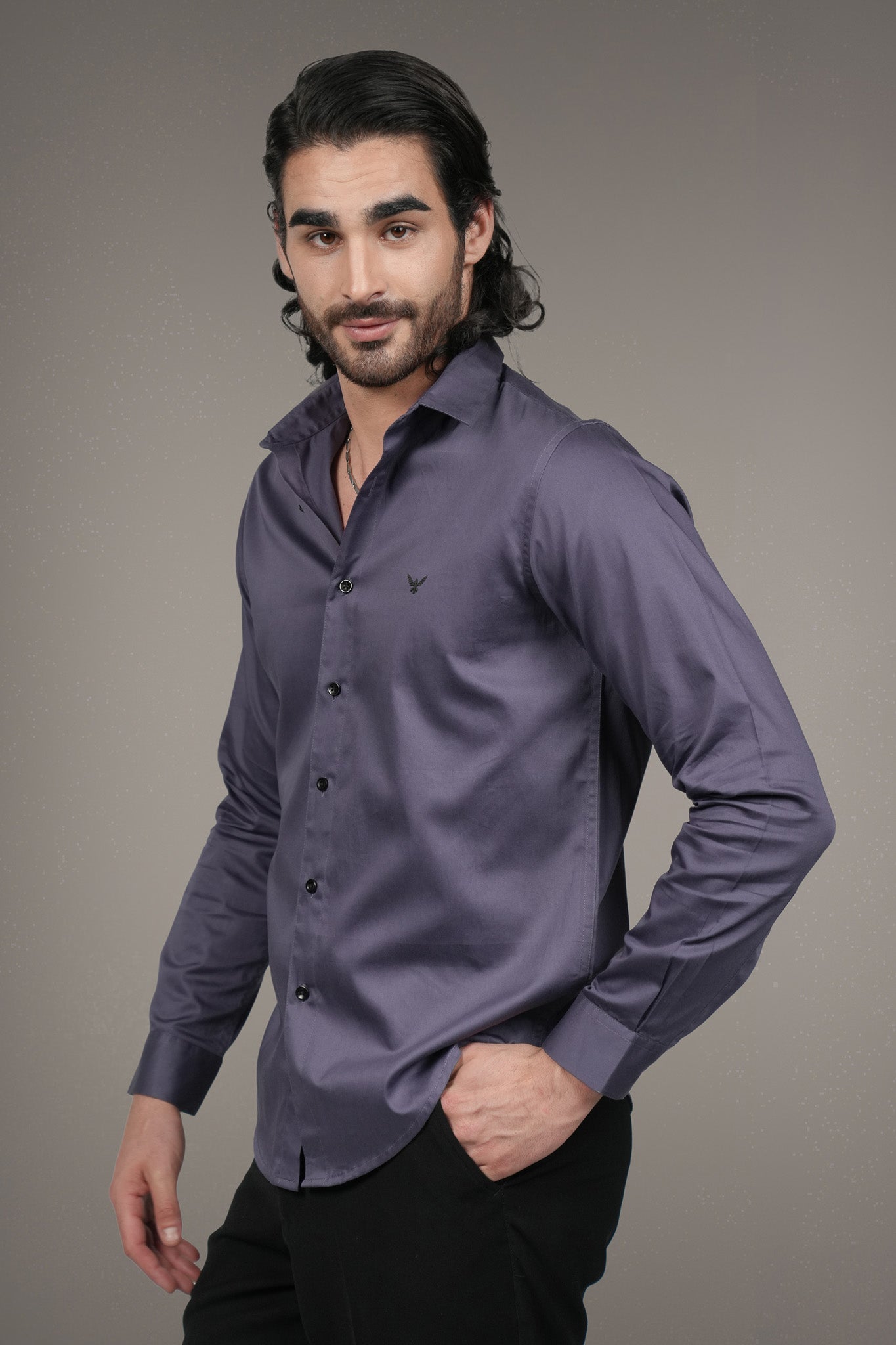 Purple Solid Cotton Satin Slim Fit Shirt