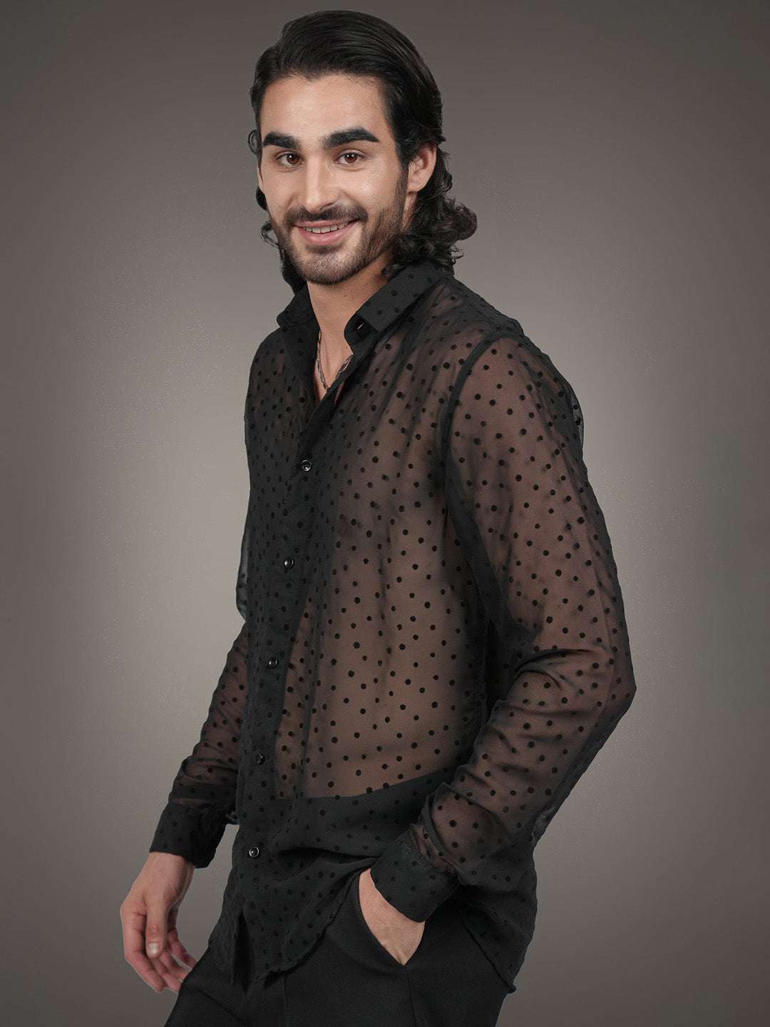 Black Textured Georgette Dobby Slim Fit Transparent Shirt