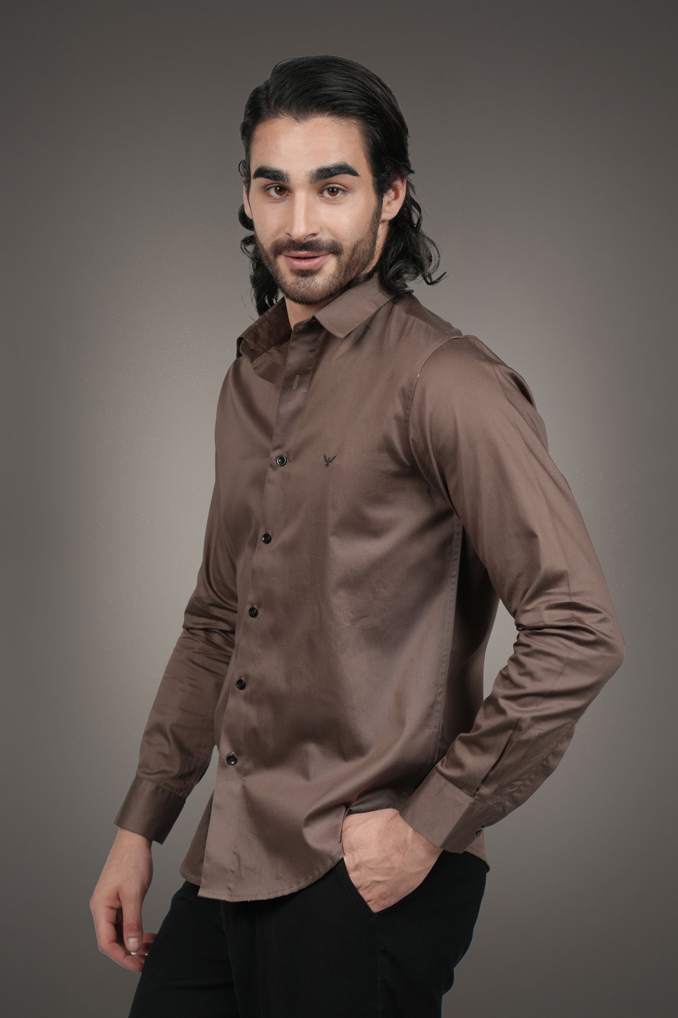 Mocha Brown Solid Cotton Satin Slim Fit Shirt