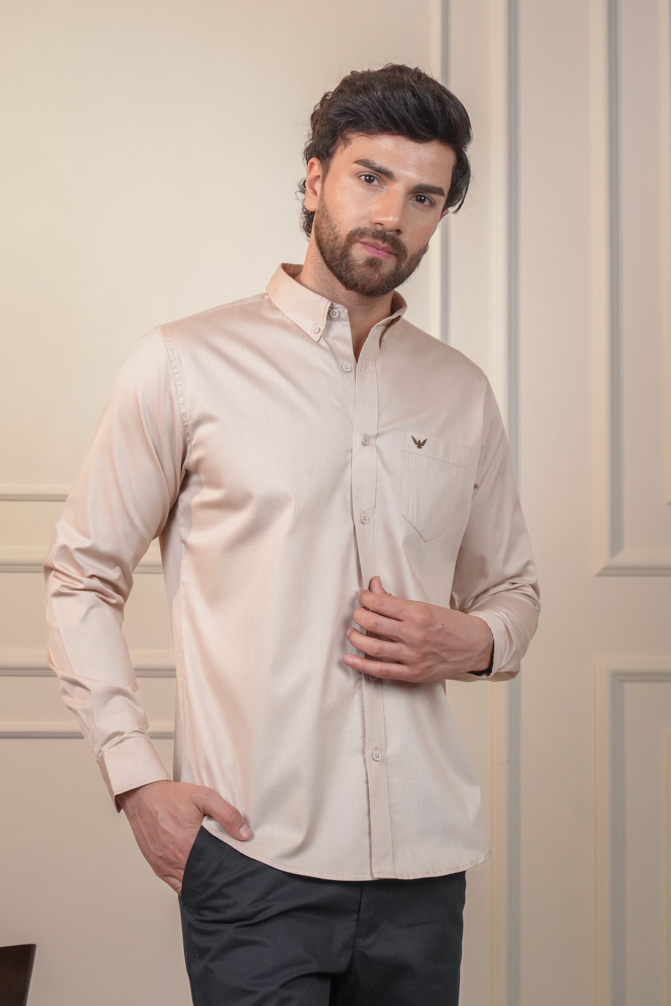 Earthy Beige Solid Cotton Twill Slim Fit Shirt