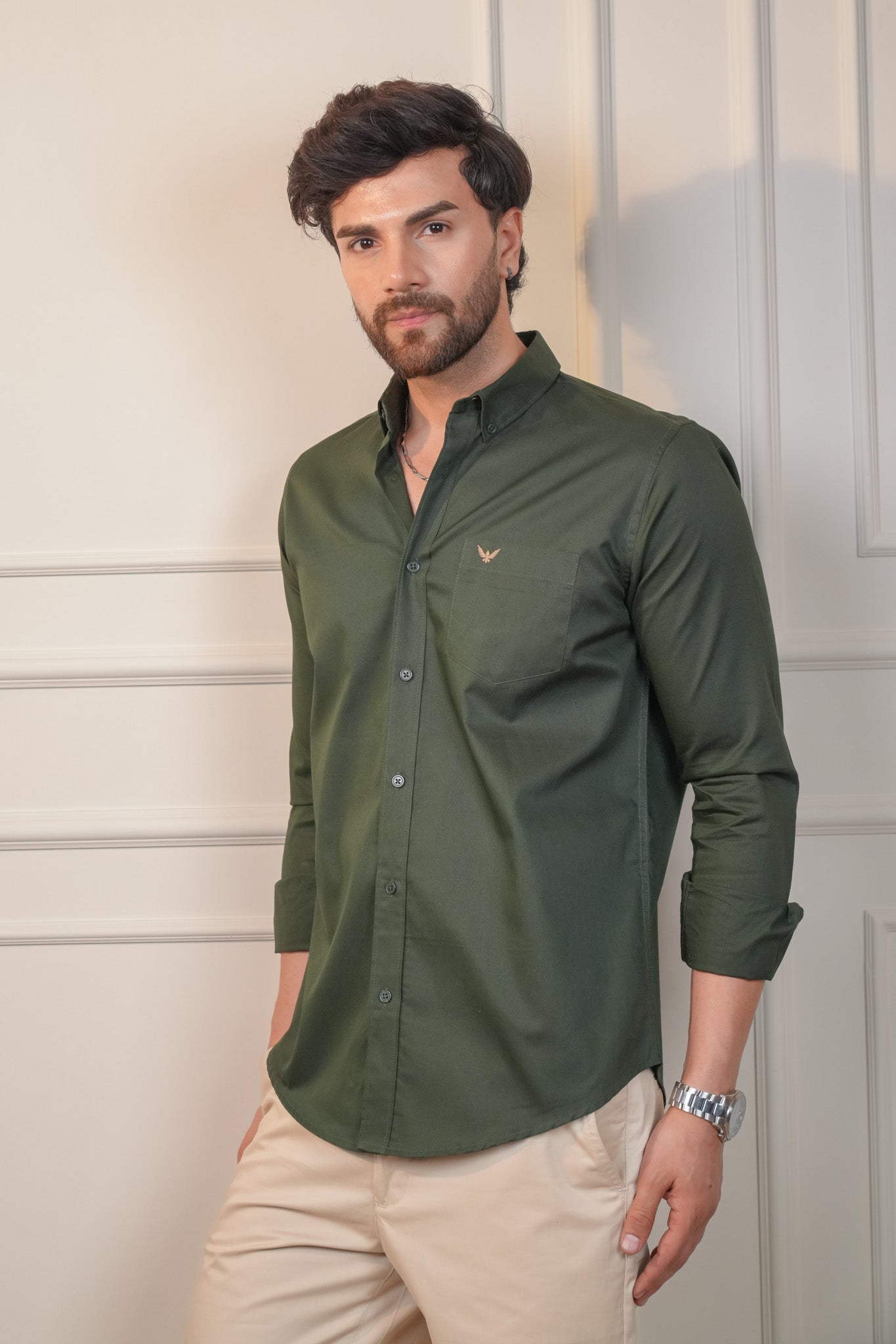 English Green Solid Cotton Twill  Slim Fit Shirt