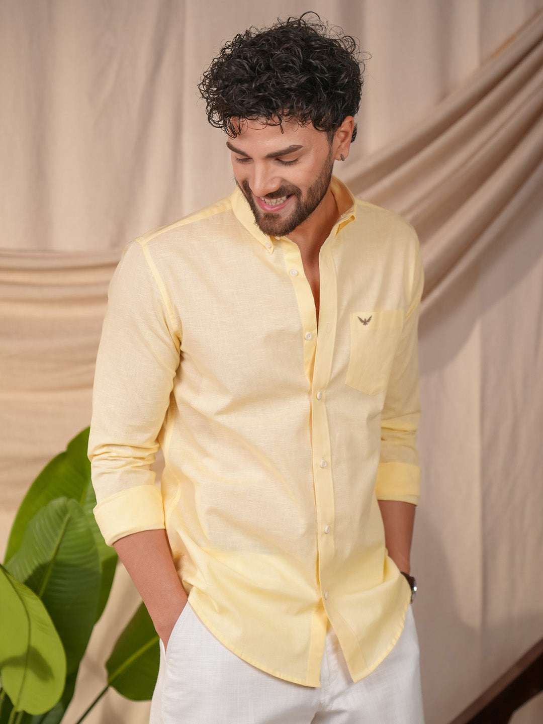 Light Yellow Solid Pre-Washed Linen Cotton Slim Fit Shirt