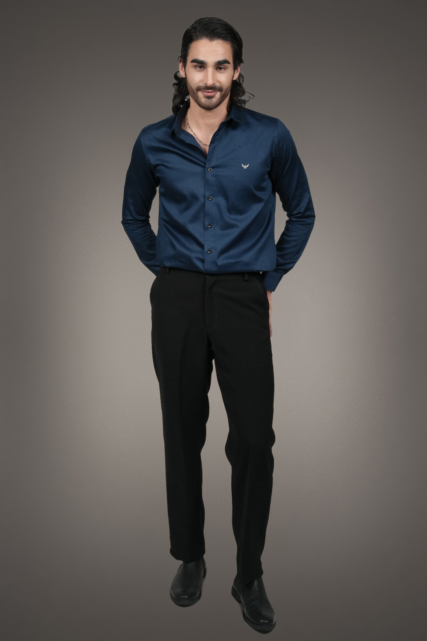 Navy Solid Cotton Satin Slim Fit Shirt