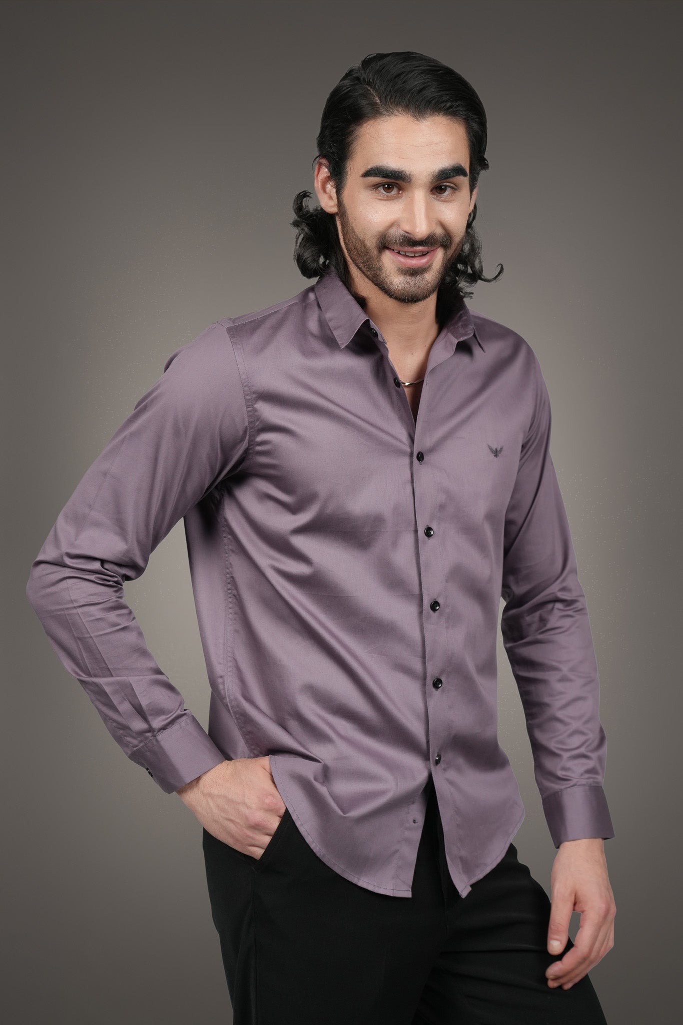 Mauve Solid Cotton Satin Slim Fit Shirt