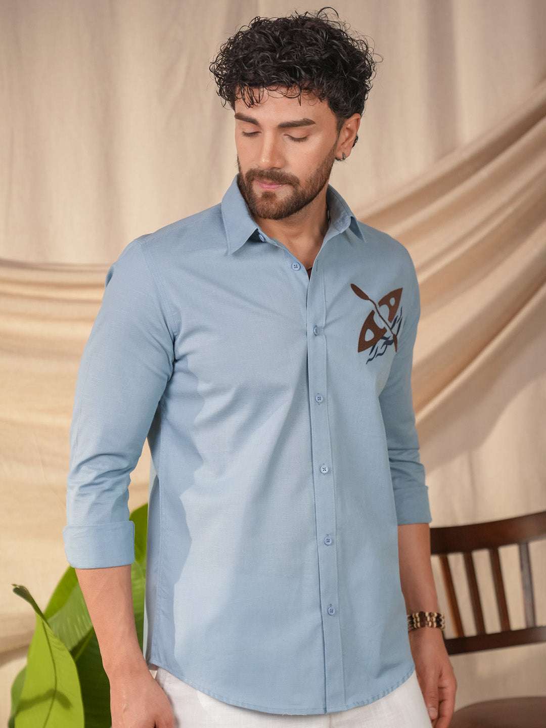 Aqua Blue Solid Linen Cotton Slim Fit Embroidery Printed Shirt
