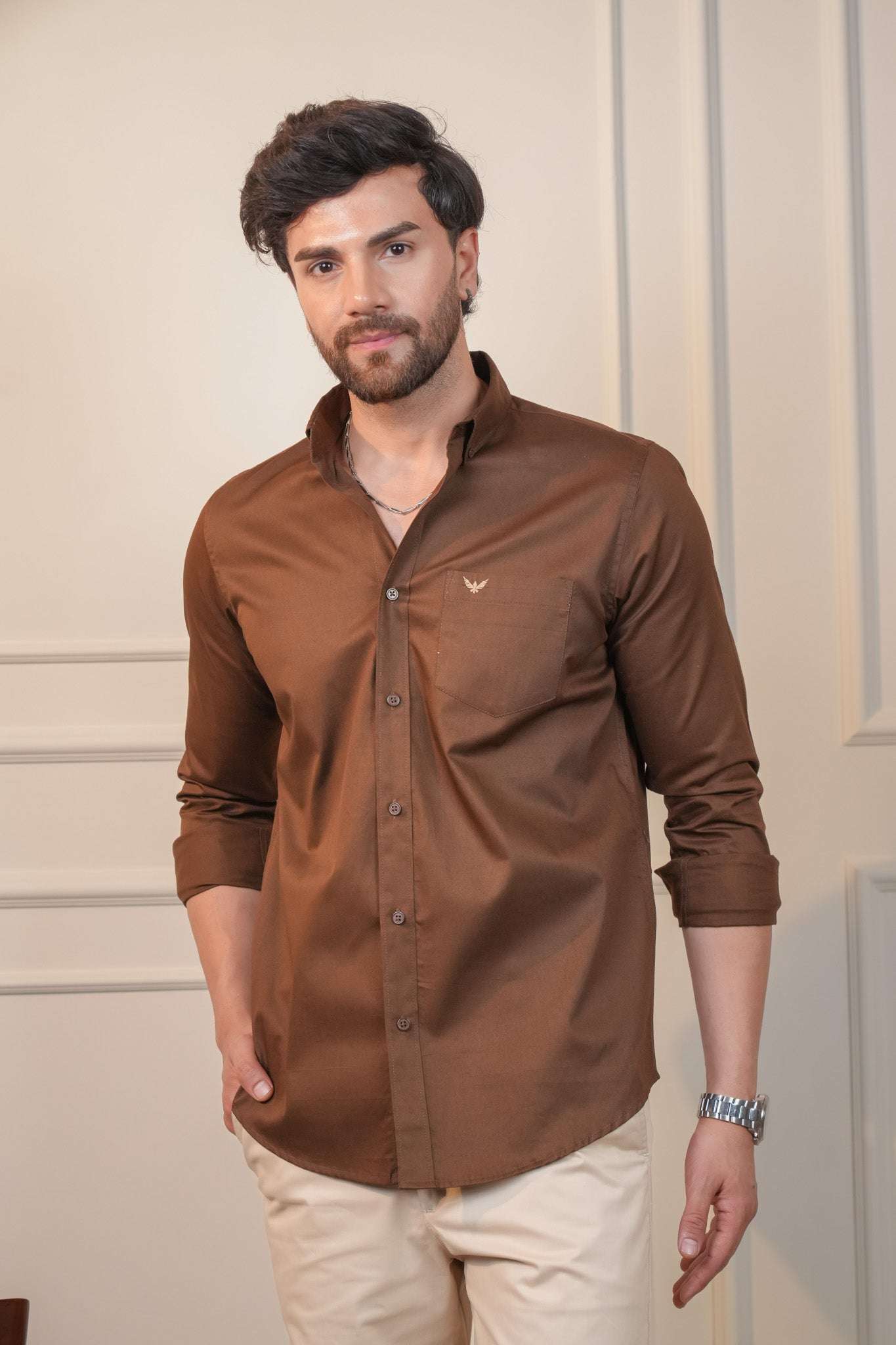 Brown Solid Cotton Twill  Slim Fit Shirt