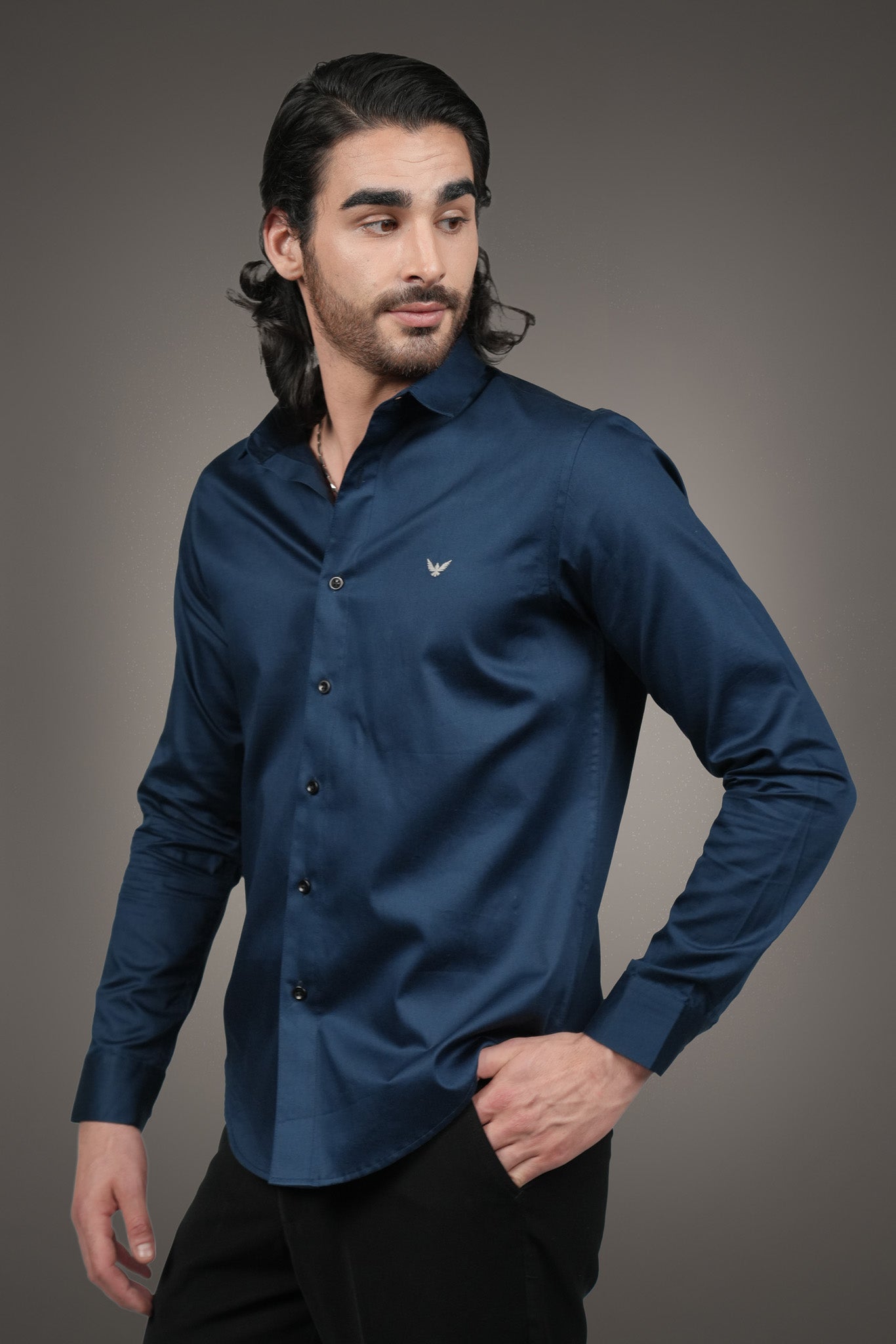 Navy Solid Cotton Satin Slim Fit Shirt